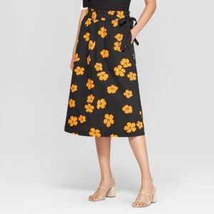 Who What Wear Floral Print Paperbag Midi Skirt A-Line Black/Orange Sz Medium